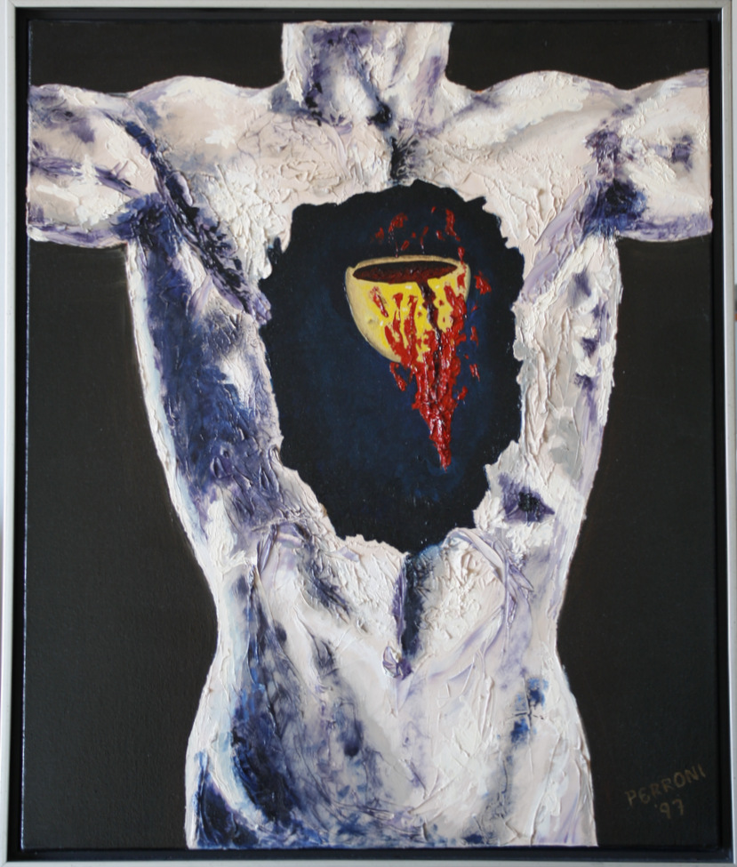 Human torso in grey, shadows in purple. The chest has a cavity but instead of a heart, there is a broken cup with blood pouring out, but the blood is consumed with fire which will heal the cup.