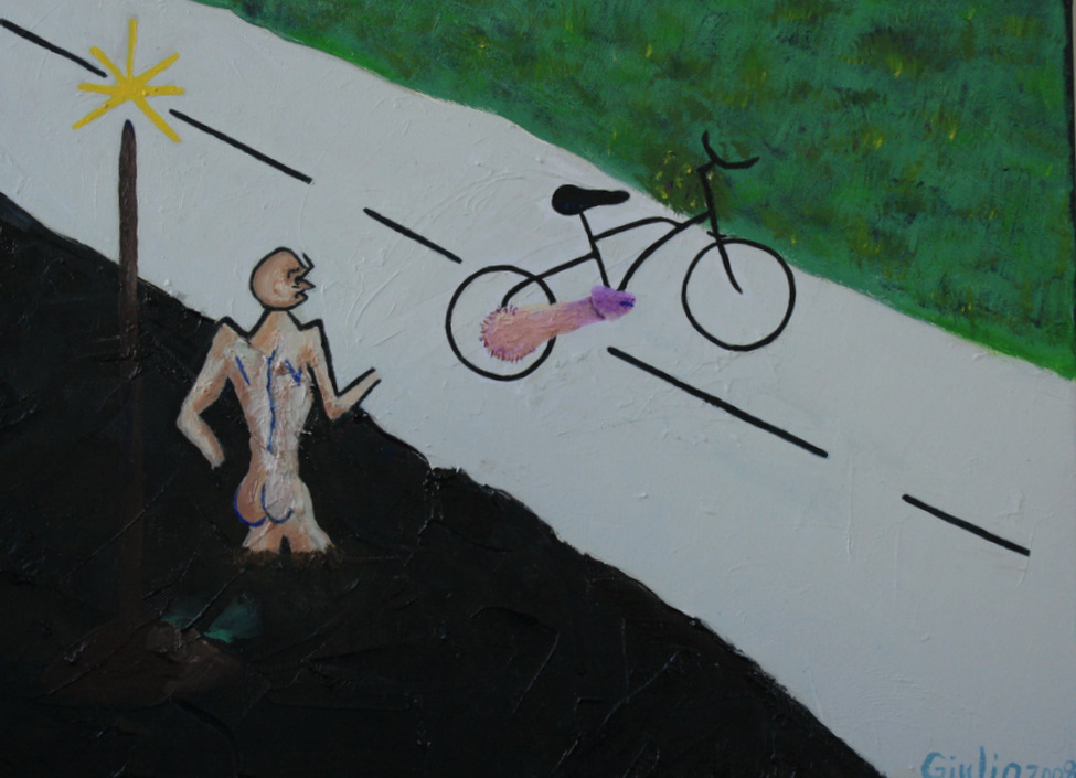 Stylized drawing. Man with no legs or hands standing in black asphalt under a lampost looking at a bicycle on the road powered by a penis. On the other side of the road is green grass.