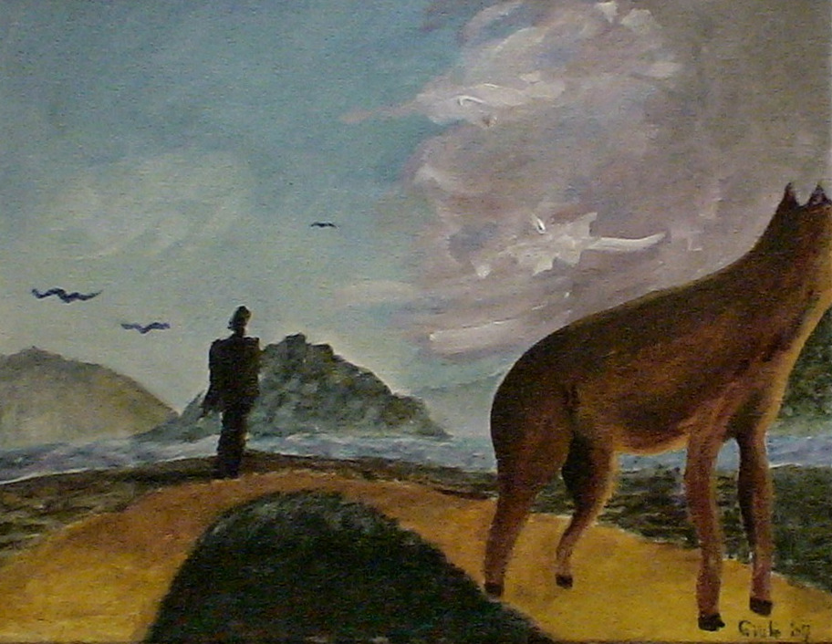 In mid-distance is a man looking ahead, out over the water. 3 birds in left sky, storm clouds in right sky. Foreground contains a four-legged animal but its face is outside the frame. It is looking in the direction of the coming storm, off to the right.