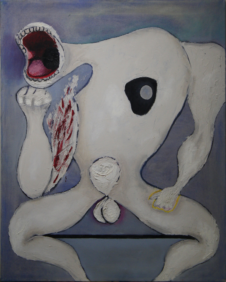 Abstract form of a man. The face is obscured by a screaming open mouth. The right bicep is torn. There is a hole instead of a heart. His left arm and hand seem stuck to his leg. His penis is bulging yet pinched at the testicles.
