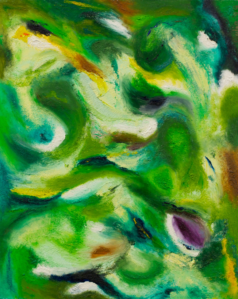 Abstract in greens, wavelike. Intense, colourful