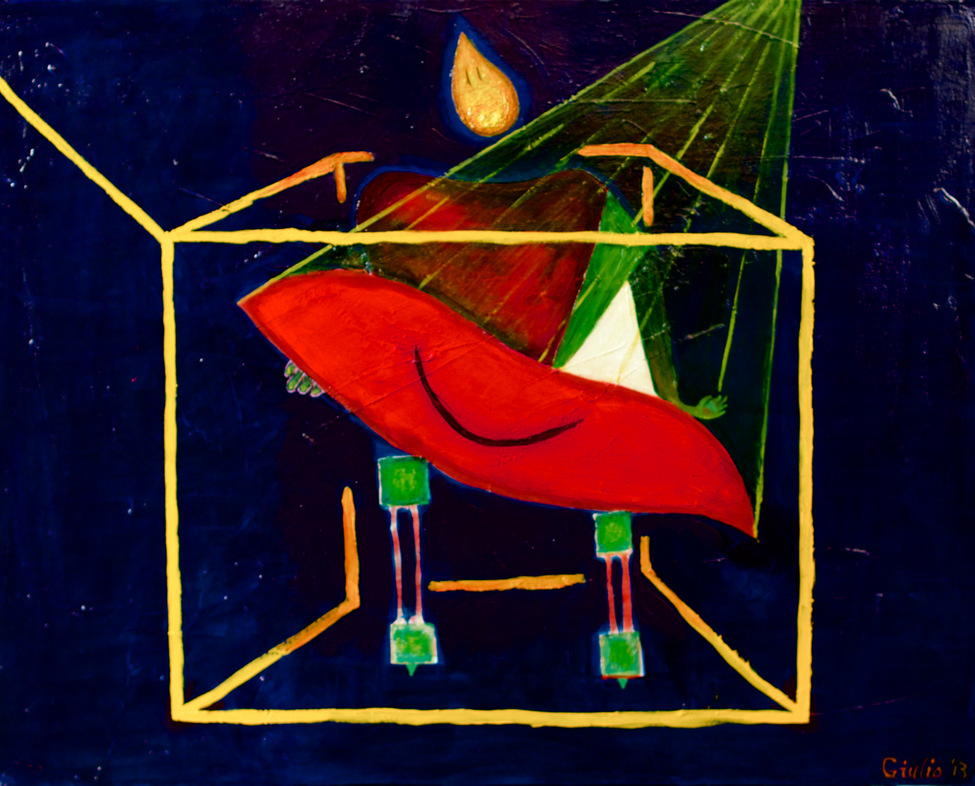 Surreal person, tear for a head holding a large pair of smiling lips. Yellow rays connect the lips to heaven and the image is contained within a golden cube outline
