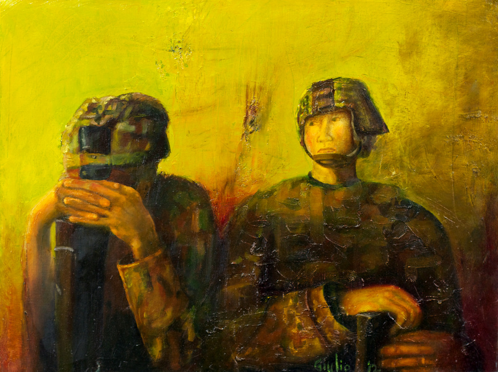 Two soldiers, one bowed over his rifle, other looking off into the distance. Tones in green, yellow and violet