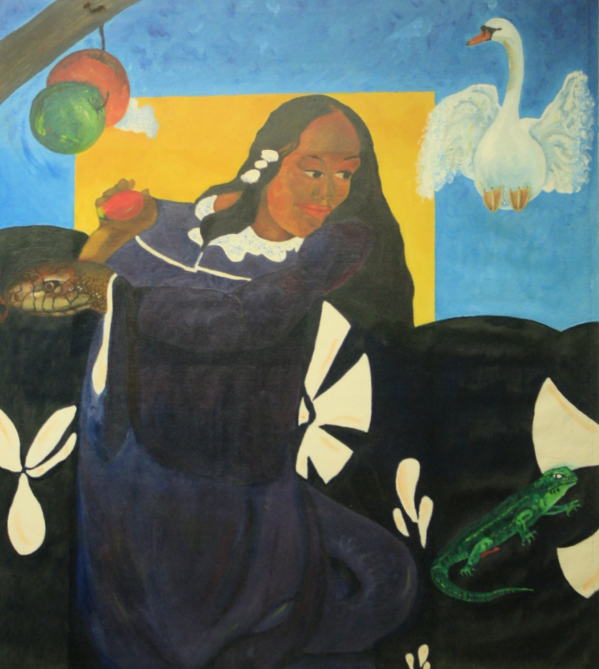 woman holding a mango in her right hand seated on couch with snake as arm, lizard beside her, swan landing on couch, apple about to fall on snake's head