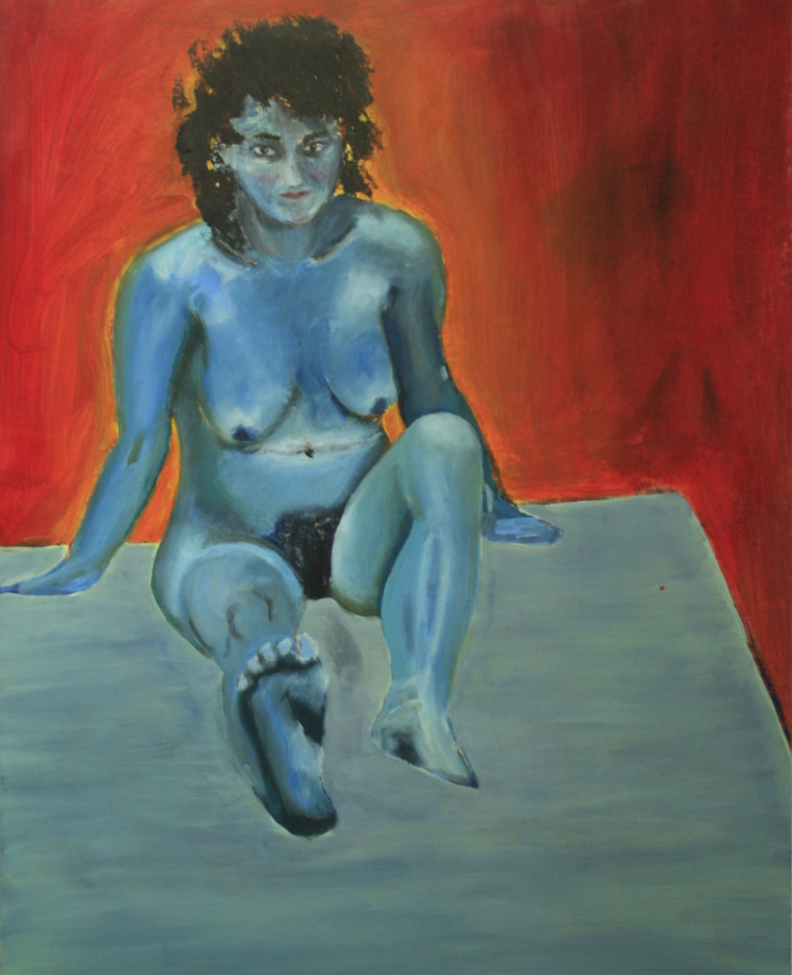 blue nude with reddish background, leg outstretched in front