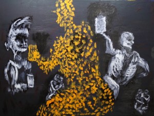 man sitting at bar with others, painted with orange dots