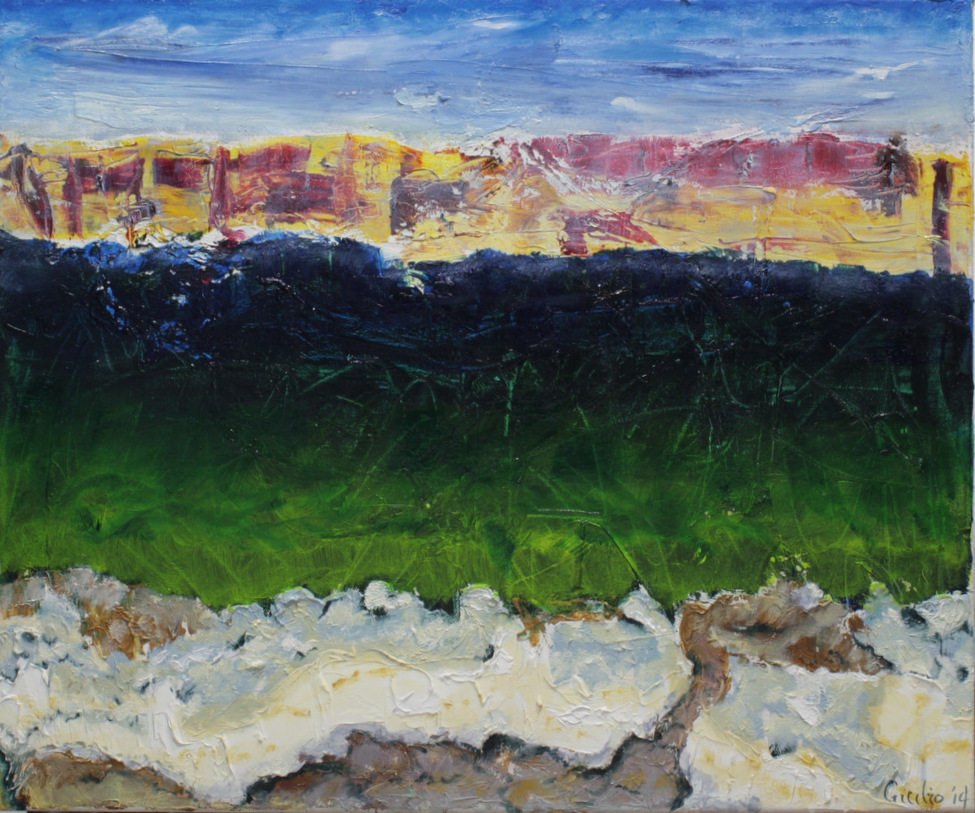 semi-abstract blue sky with distant yellow-red cliffs, blue-green mid-area and sandy shore foreground